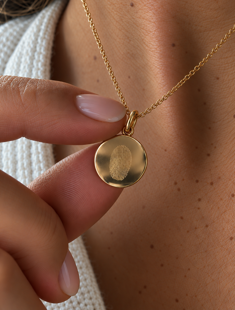 Detalle colgante huella dactilar en oro 9K sostenido con los dedos en escote - Mimmo Jewels