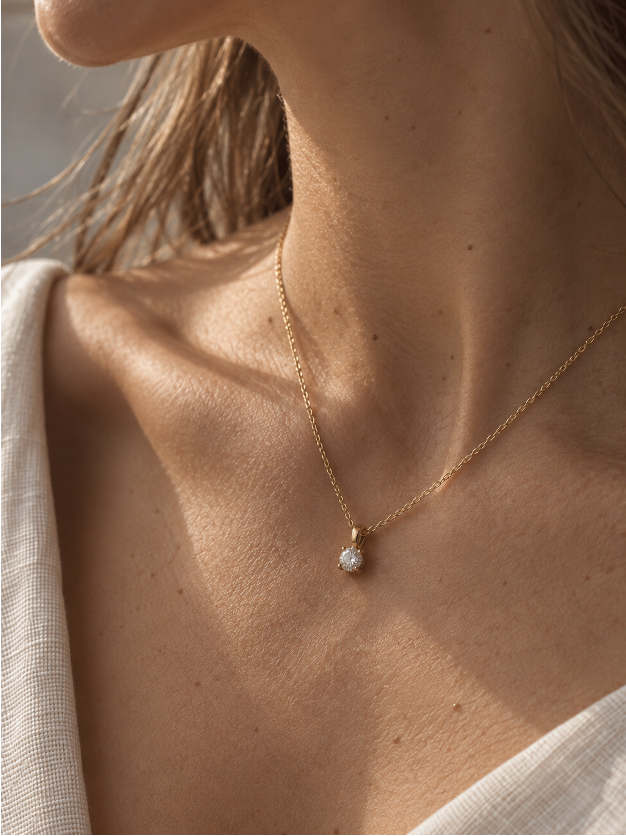 Mujer luciendo colgante solitario con diamante lab en oro amarillo 18K – Mimmo Jewels