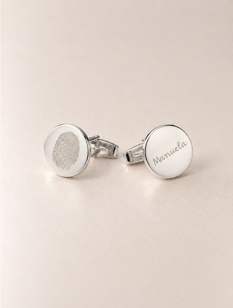 Gemelos huella dactilar personalizados en plata 925 con nombre grabado en letra manuscrita - Mimmo Jewels